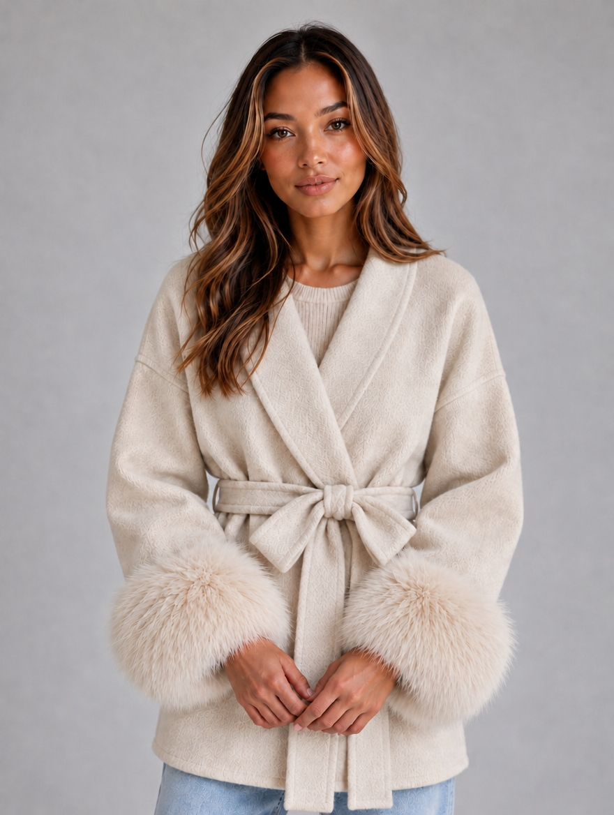 Women's Belted Wool Blend Coat – Faux Fur Trim Wrap Coat — Cream