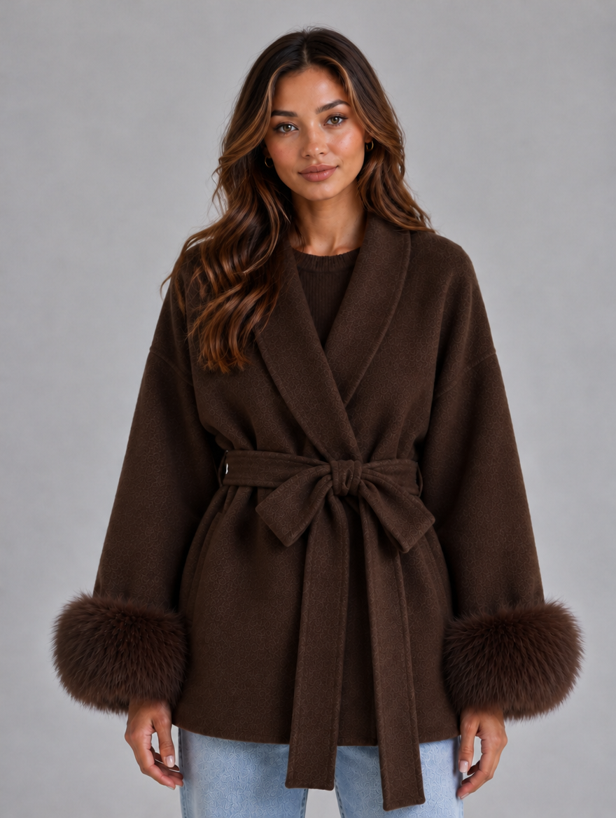 Women's Belted Wool Blend Coat – Faux Fur Trim Wrap Coat — Brown