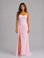 Women's Strapless Lace Maxi Dress – Corset Evening Gown — Pink