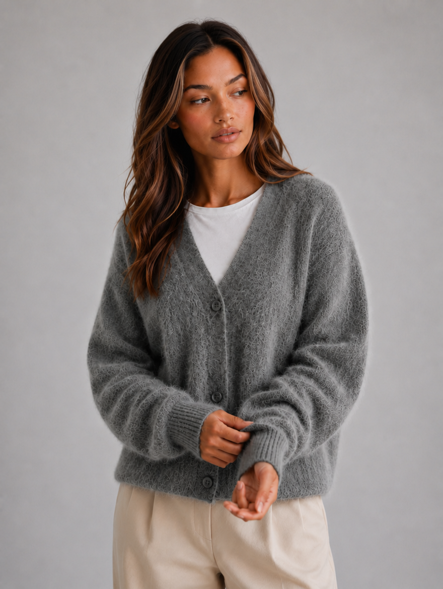 Women's Fluffy Knit Cardigan – Button Front V-Neck Jumper — Dark Grey