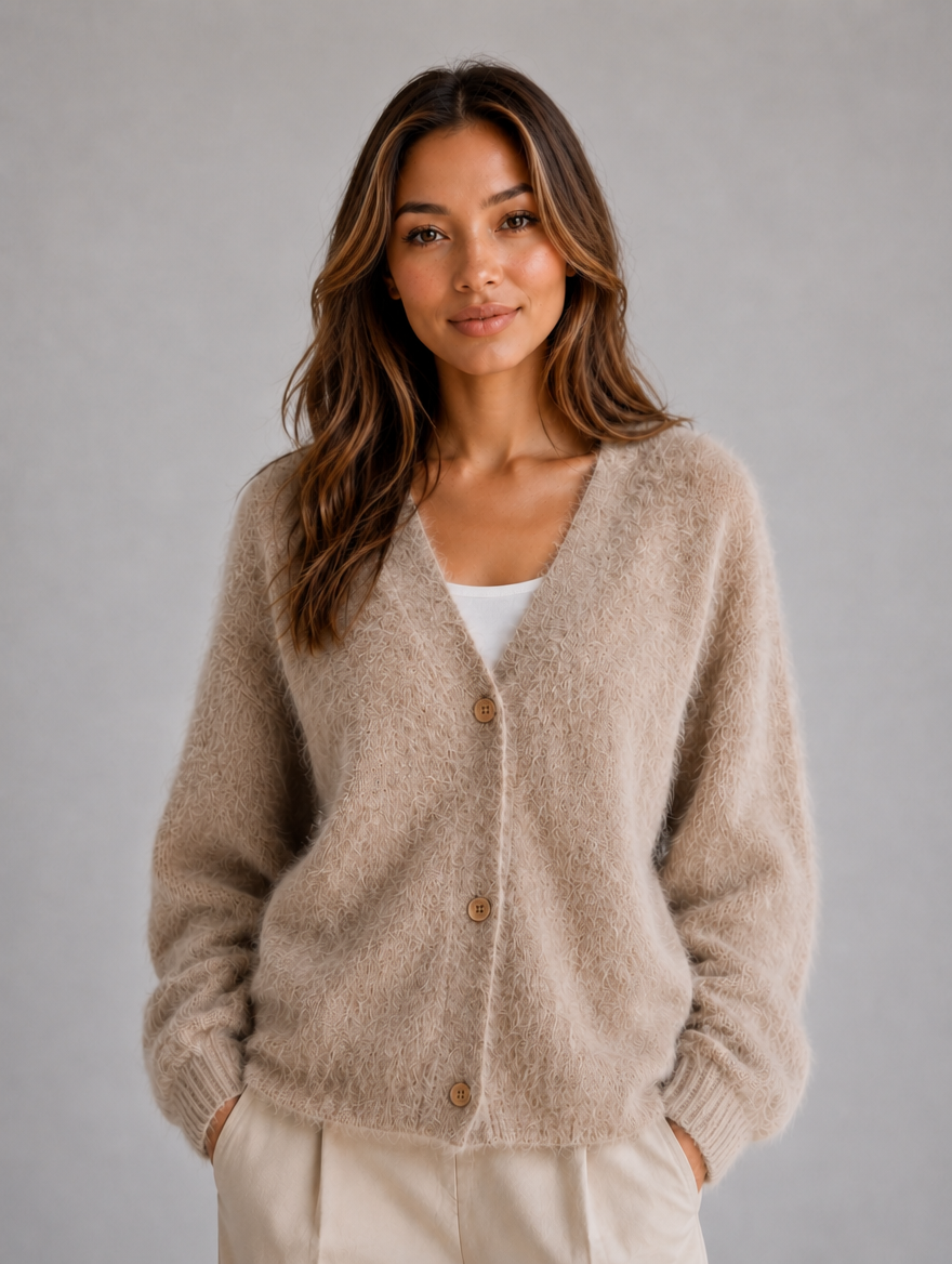 Women's Fluffy Knit Cardigan – Button Front V-Neck Jumper — Khaki
