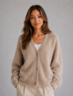 Women's Fluffy Knit Cardigan – Button Front V-Neck Jumper — Khaki