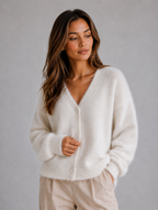 Women's Fluffy Knit Cardigan – Button Front V-Neck Jumper — White