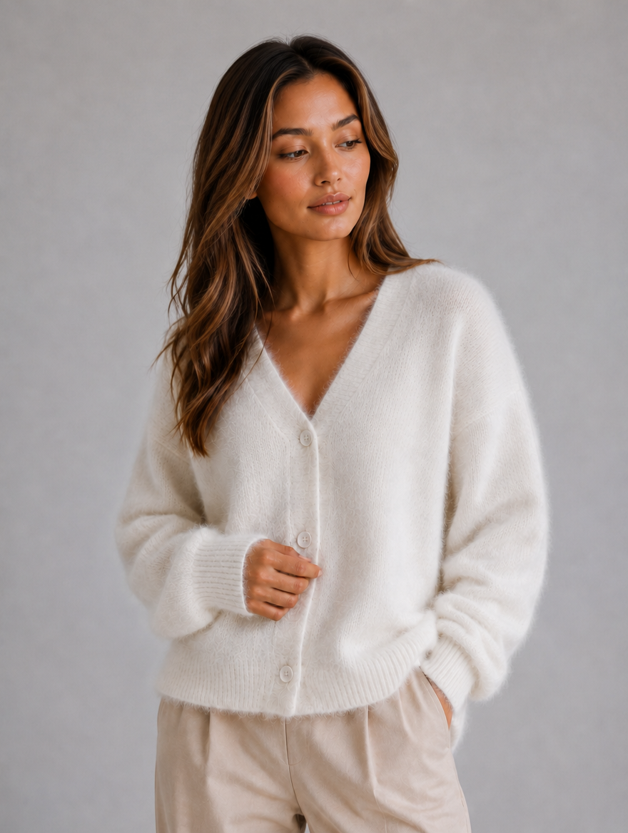 Women's Fluffy Knit Cardigan – Button Front V-Neck Jumper — White