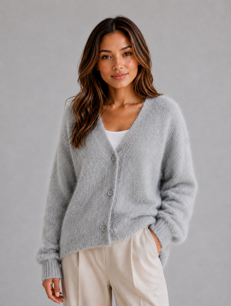 Women's Fluffy Knit Cardigan – Button Front V-Neck Jumper — Light Grey