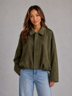 Women's Suede Look Bomber Jacket – Oversized Collared Style — Olive Green