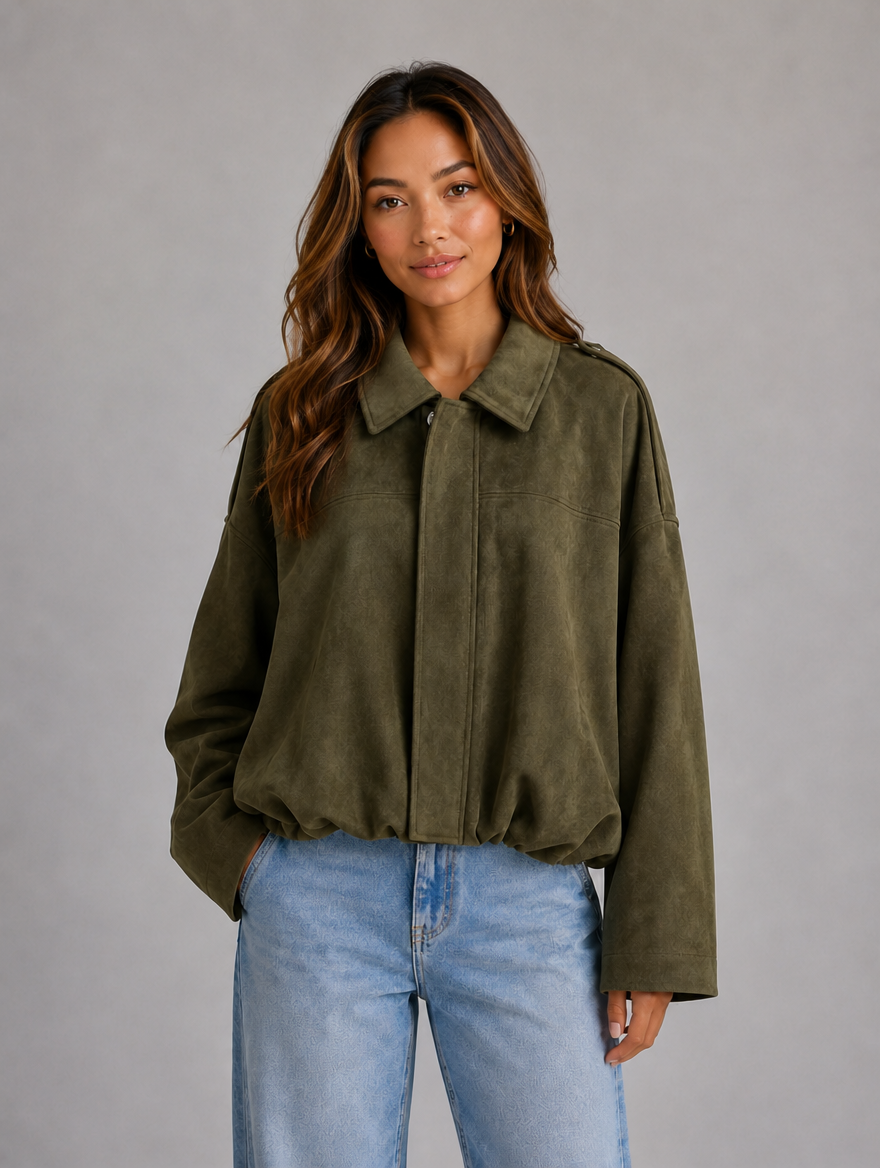 Women's Suede Look Bomber Jacket – Oversized Collared Style — Olive Green