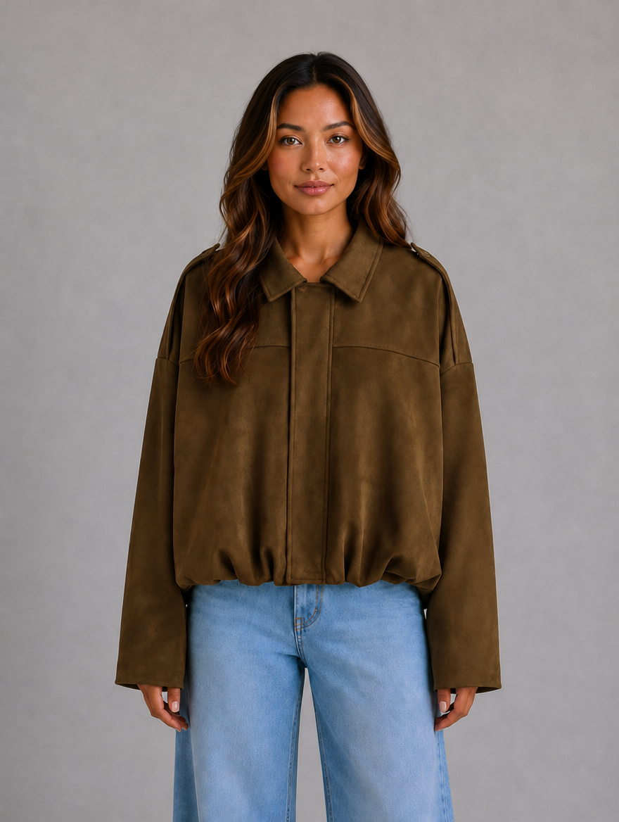 Women's Suede Look Bomber Jacket – Oversized Collared Style — Mocha