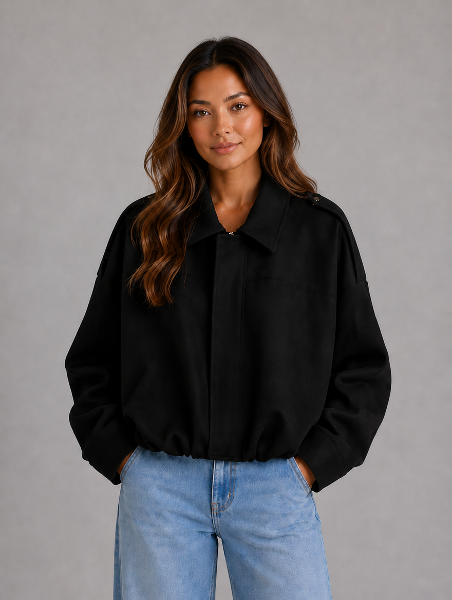 Women's Suede Look Bomber Jacket – Oversized Collared Style — Black