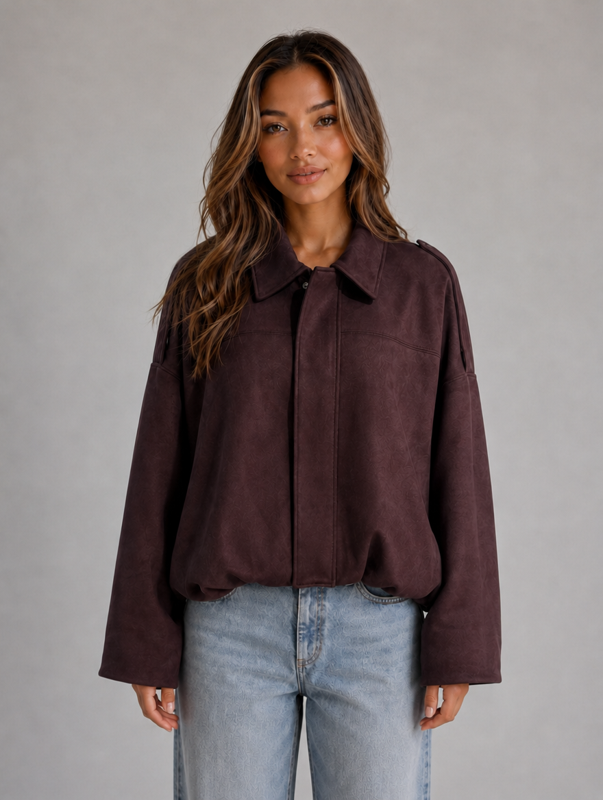 Women's Suede Look Bomber Jacket – Oversized Collared Style — Burgundy