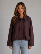 Women's Suede Look Bomber Jacket – Oversized Collared Style — Burgundy
