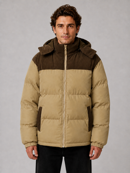 Men's Hooded Corduroy Puffer Jacket – Warm Quilted Winter Coat — Khaki