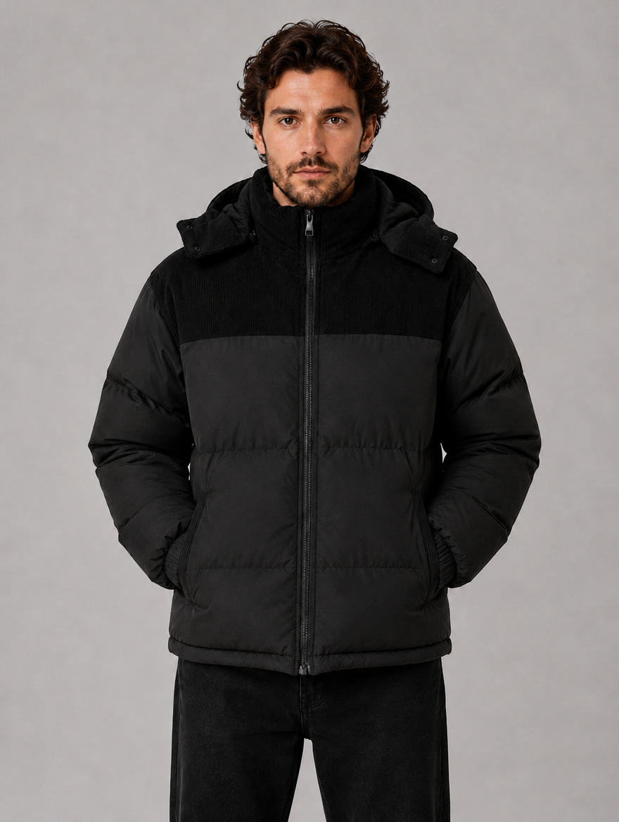 Men's Hooded Corduroy Puffer Jacket – Warm Quilted Winter Coat — Black