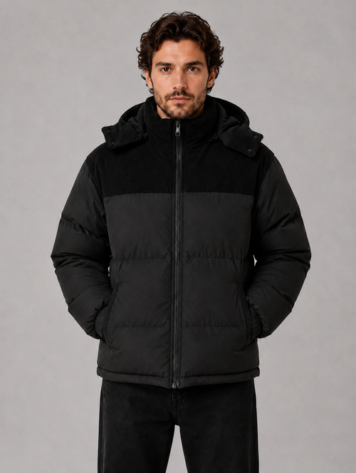 Men's Hooded Corduroy Puffer Jacket – Warm Quilted Winter Coat — Black