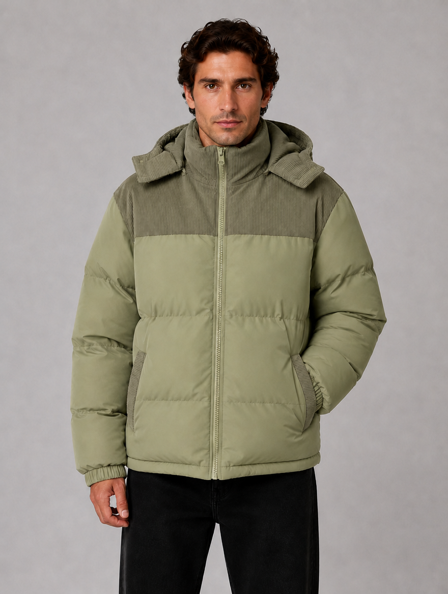 Men's Hooded Corduroy Puffer Jacket – Warm Quilted Winter Coat — Green
