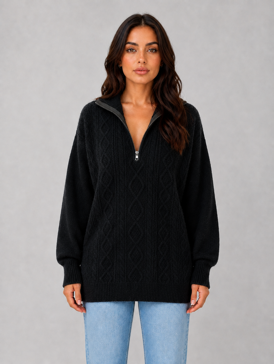 Women's Half Zip Cable Knit Jumper – Chunky Winter Sweater — Black