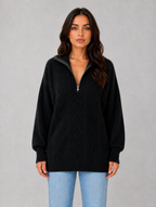 Women's Half Zip Cable Knit Jumper – Chunky Winter Sweater — Black