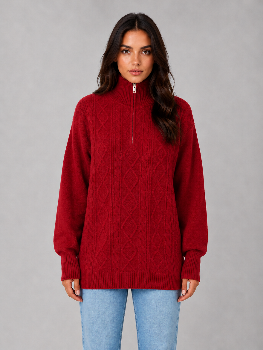 Women's Half Zip Cable Knit Jumper – Chunky Winter Sweater — Red