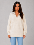 Women's Half Zip Cable Knit Jumper – Chunky Winter Sweater — Cream