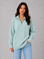 Women's Half Zip Cable Knit Jumper – Chunky Winter Sweater — Mint Green
