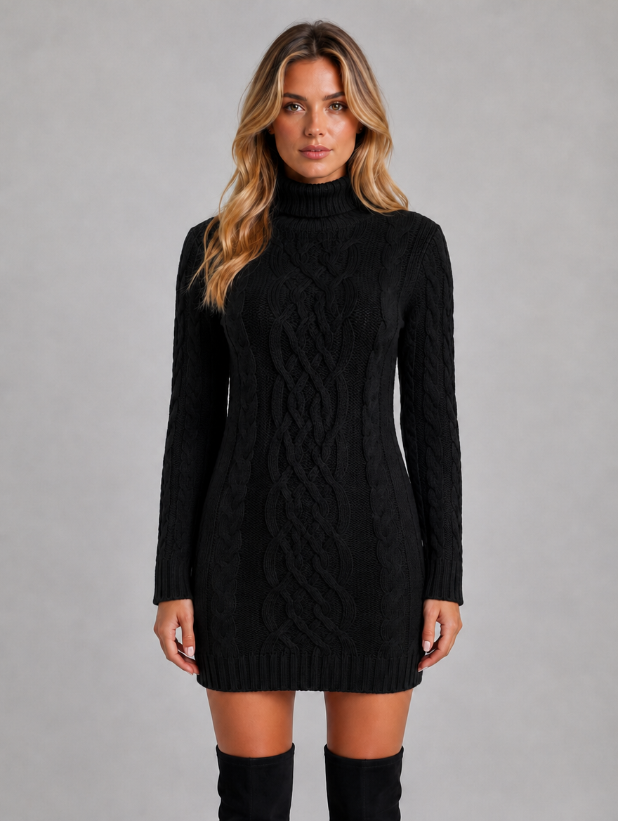 Women's Cable Knit Jumper Dress – Roll Neck Winter Sweater Dress — Black