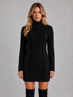 Women's Cable Knit Jumper Dress – Roll Neck Winter Sweater Dress — Black