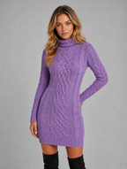 Women's Cable Knit Jumper Dress – Roll Neck Winter Sweater Dress — Lilac