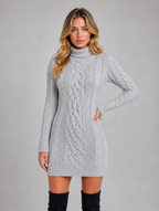 Women's Cable Knit Jumper Dress – Roll Neck Winter Sweater Dress — Grey