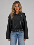 Women's Leather Look Biker Jacket – Relaxed Fit Belted Moto Style — Black