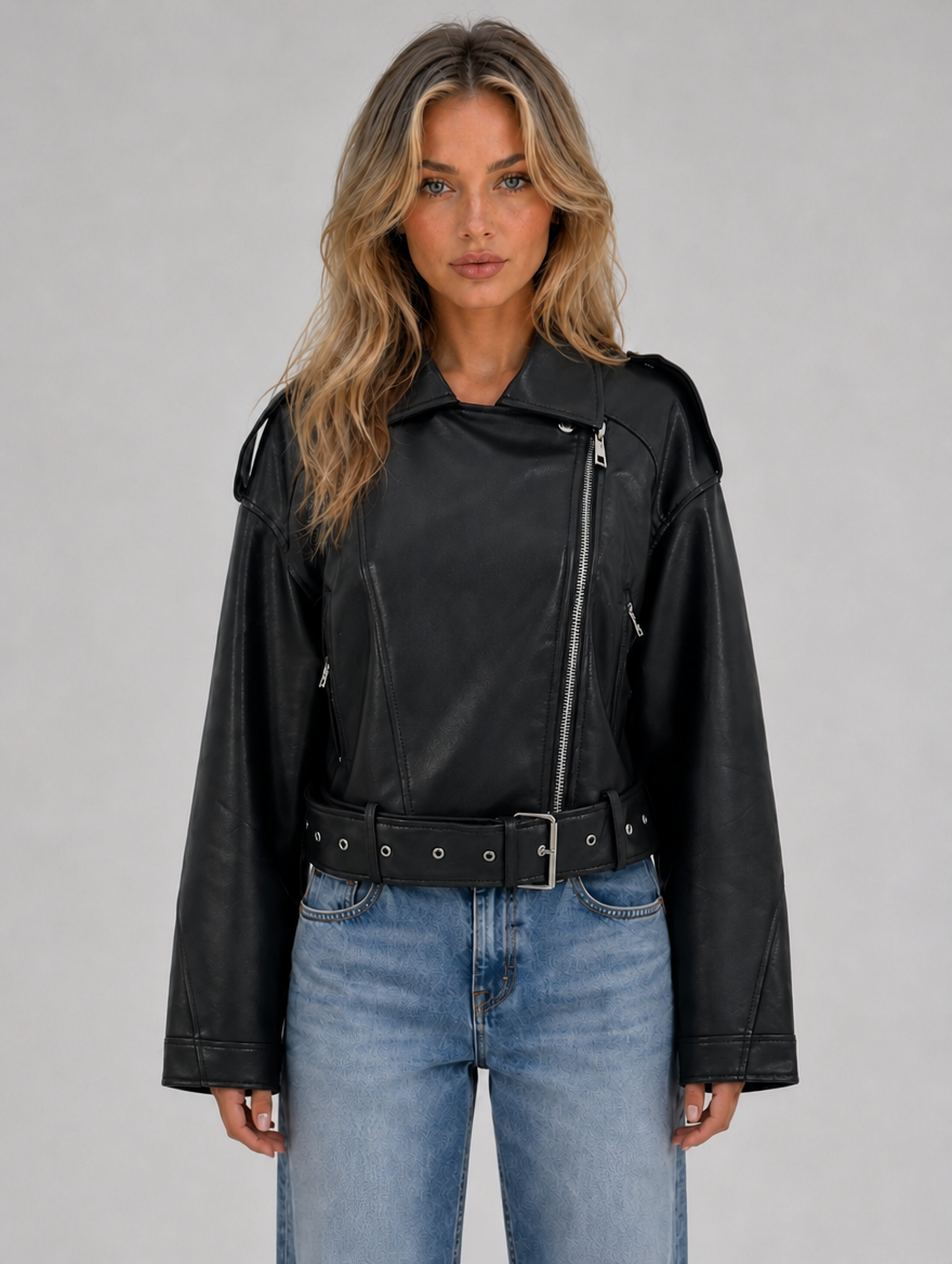 Women's Leather Look Biker Jacket – Relaxed Fit Belted Moto Style — Black