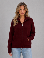 Women's Zip Up Knitted Cardigan – Soft Funnel Neck Knit Jacket — Burgundy