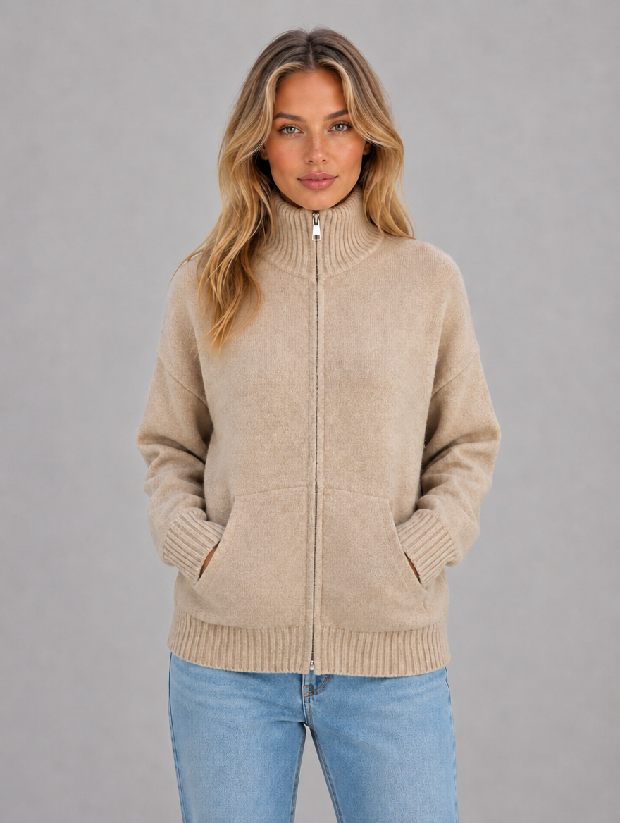 Women's Zip Up Knitted Cardigan – Soft Funnel Neck Knit Jacket — Beige