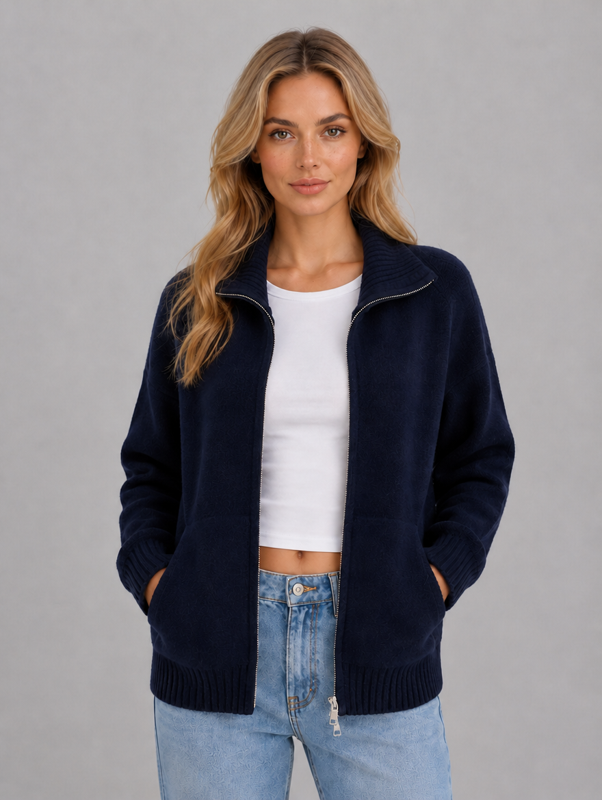 Women's Zip Up Knitted Cardigan – Soft Funnel Neck Knit Jacket — Navy
