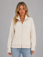 Women's Zip Up Knitted Cardigan – Soft Funnel Neck Knit Jacket — Cream