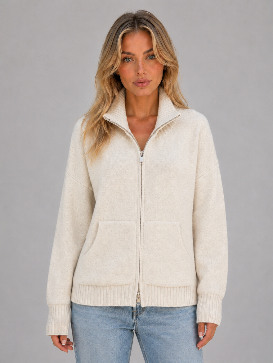 Women's Zip Up Knitted Cardigan – Soft Funnel Neck Knit Jacket — Cream