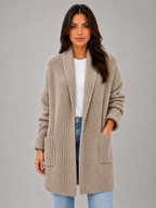 Women's Open Front Cardigan with Pockets – Soft Knit Longline Style — Taupe