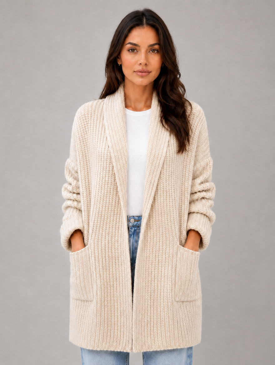Women's Open Front Cardigan with Pockets – Soft Knit Longline Style — Beige