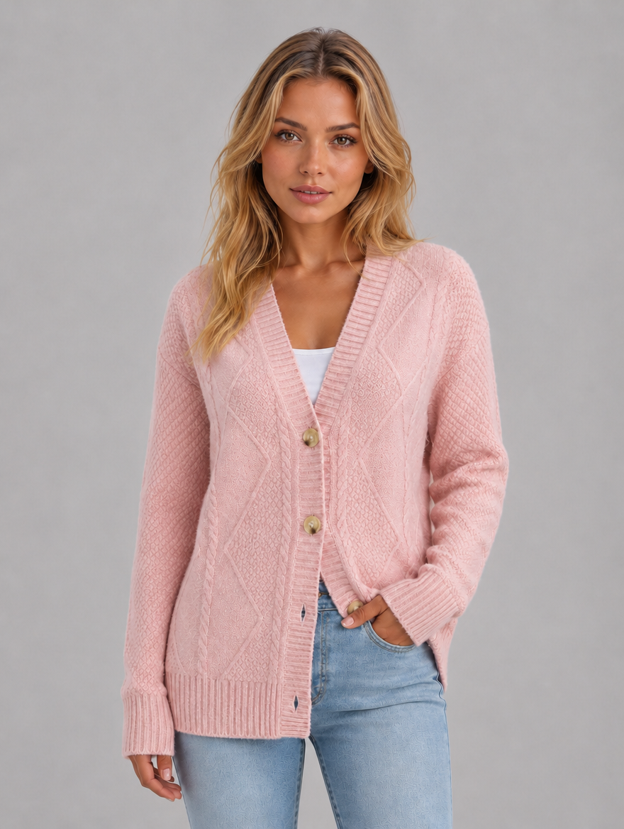 Women's Cable Knit Button Cardigan – Soft V-Neck Knitted Style — Pink