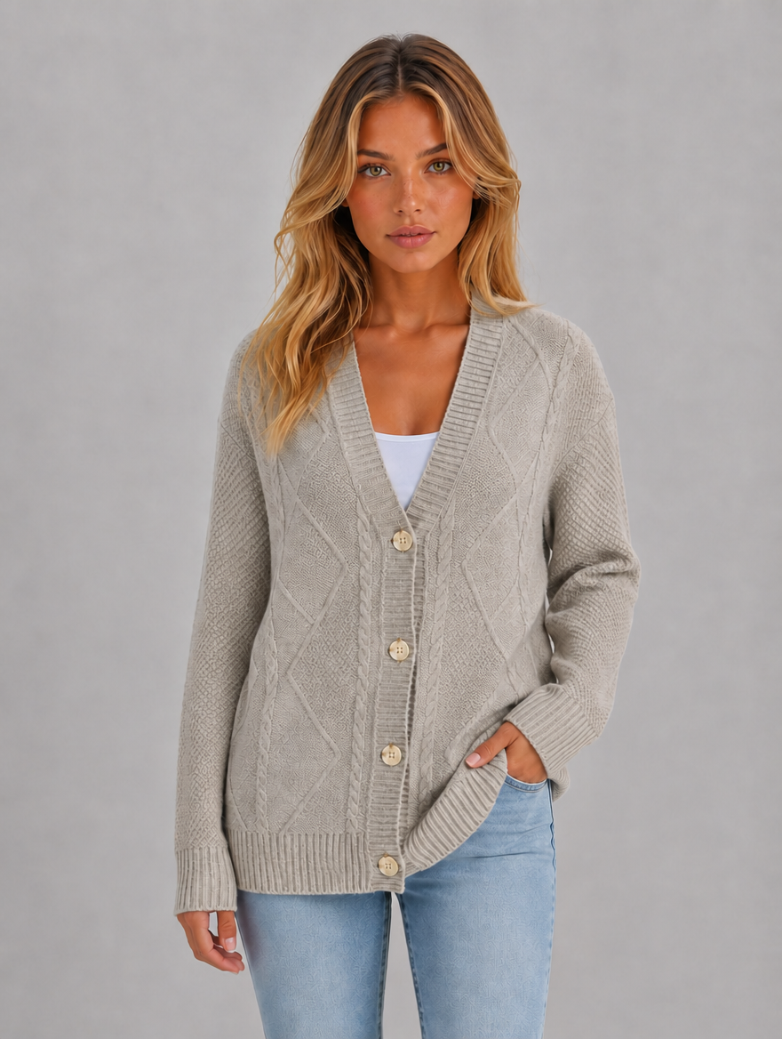 Women's Cable Knit Button Cardigan – Soft V-Neck Knitted Style — Grey