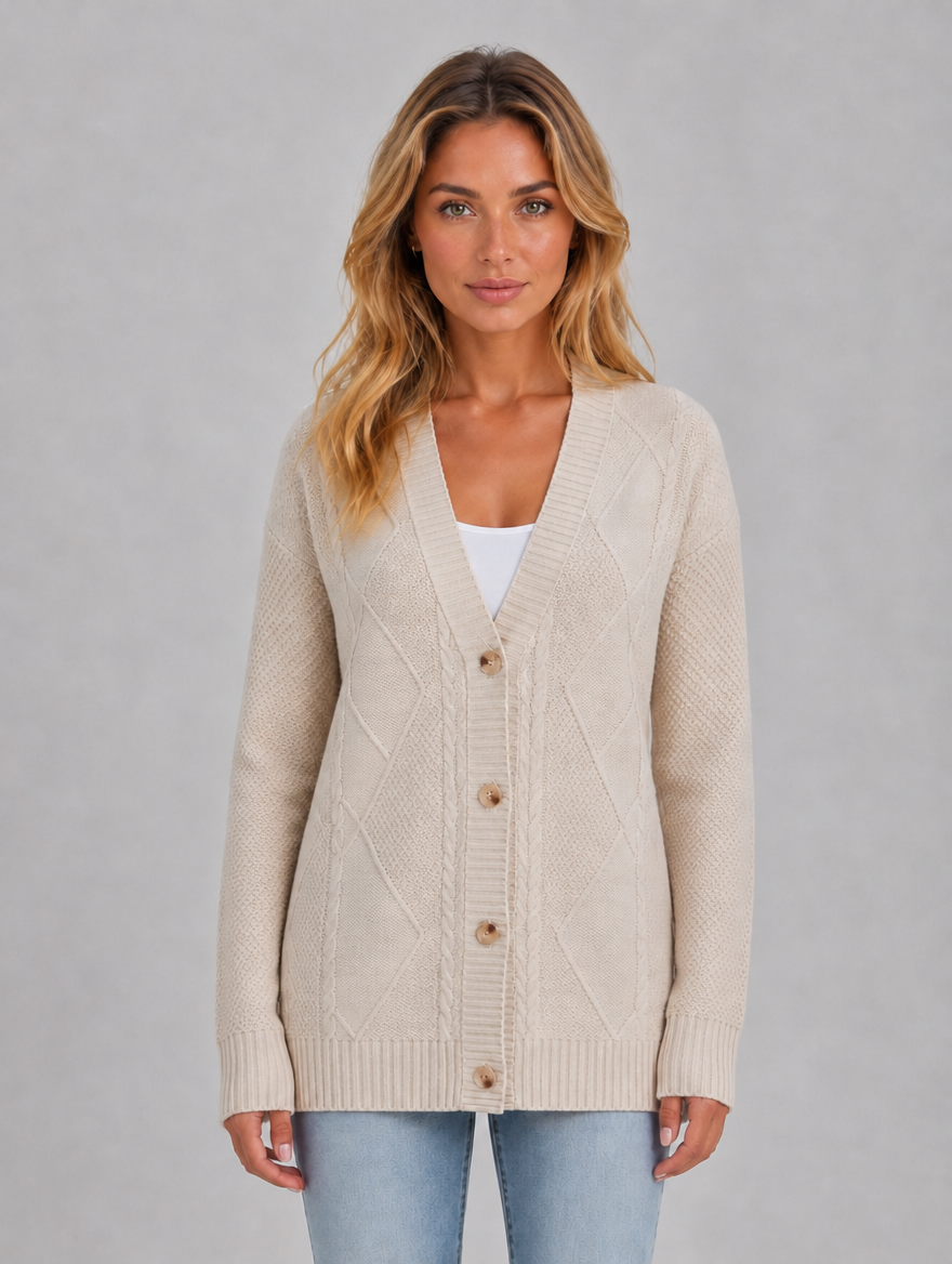 Women's Cable Knit Button Cardigan – Soft V-Neck Knitted Style — Beige