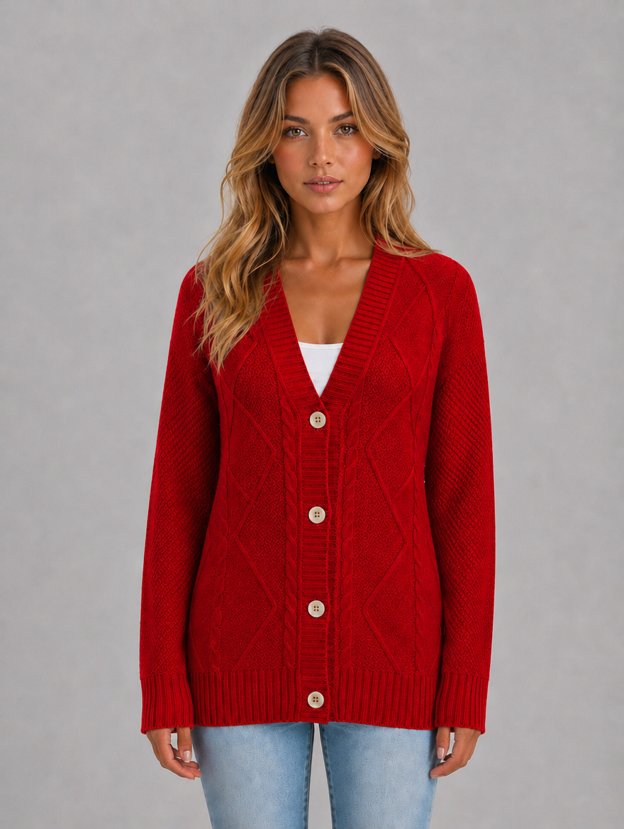 Women's Cable Knit Button Cardigan – Soft V-Neck Knitted Style — Red