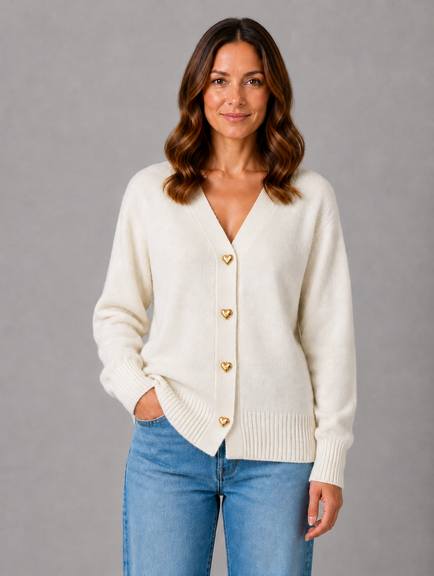 Women's Heart Button Cardigan – Soft Knit V-Neck Button-Up Style — Cream