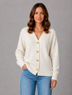 Women's Heart Button Cardigan – Soft Knit V-Neck Button-Up Style — Cream