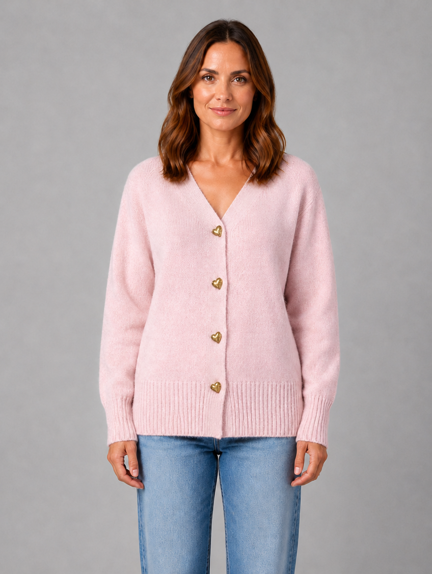 Women's Heart Button Cardigan – Soft Knit V-Neck Button-Up Style — Pink