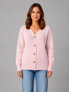 Women's Heart Button Cardigan – Soft Knit V-Neck Button-Up Style — Pink