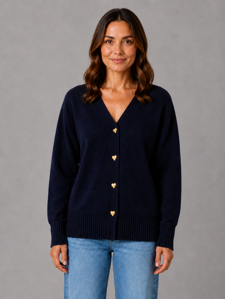 Women's Heart Button Cardigan – Soft Knit V-Neck Button-Up Style — Black