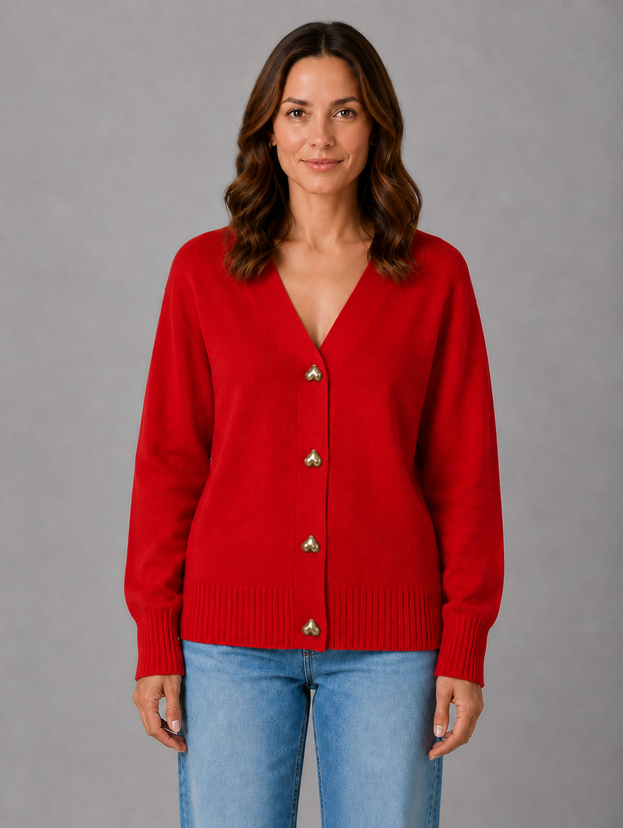 Women's Heart Button Cardigan – Soft Knit V-Neck Button-Up Style — Red