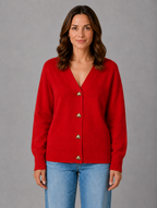 Women's Heart Button Cardigan – Soft Knit V-Neck Button-Up Style — Red