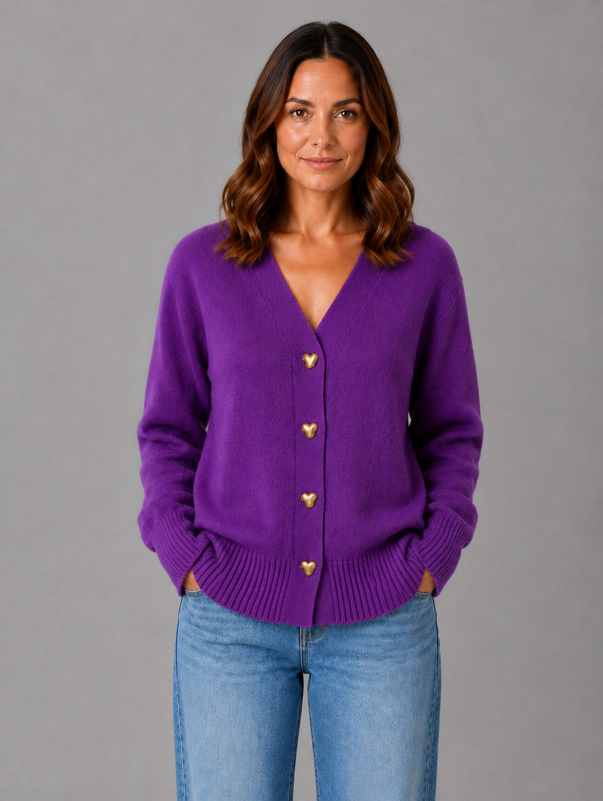 Women's Heart Button Cardigan – Soft Knit V-Neck Button-Up Style — Violet