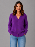 Women's Heart Button Cardigan – Soft Knit V-Neck Button-Up Style — Violet